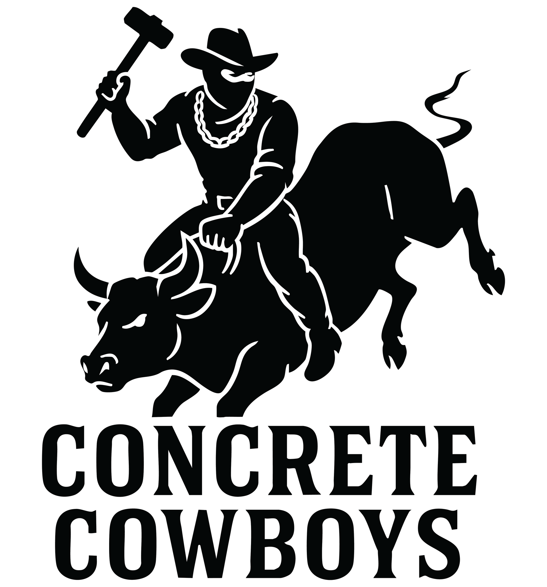 Black silhouette of a cowboy with a hammer riding a bucking bull,