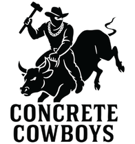 Black silhouette of a cowboy, masked, riding a bucking bull while holding a hammer; “Concrete Cowboys” text below.
