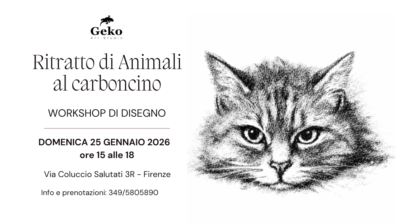 Pubblicità per la giornata delle porte aperte: Geko Art Studio. Date/orari esposti; artista che dipinge con il pennello, disegna una figura, scolpisce una testa.
