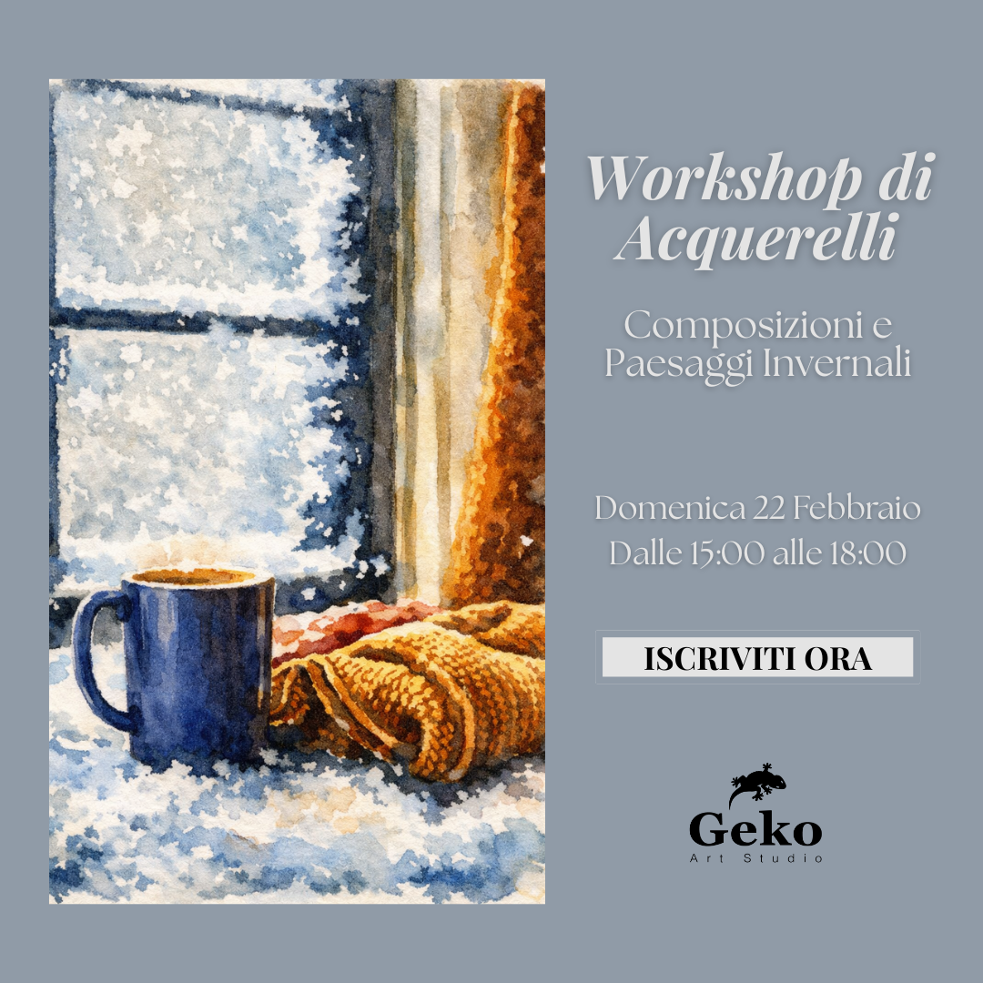 Pubblicità per la giornata delle porte aperte: Geko Art Studio. Date/orari esposti; artista che dipinge con il pennello, disegna una figura, scolpisce una testa.