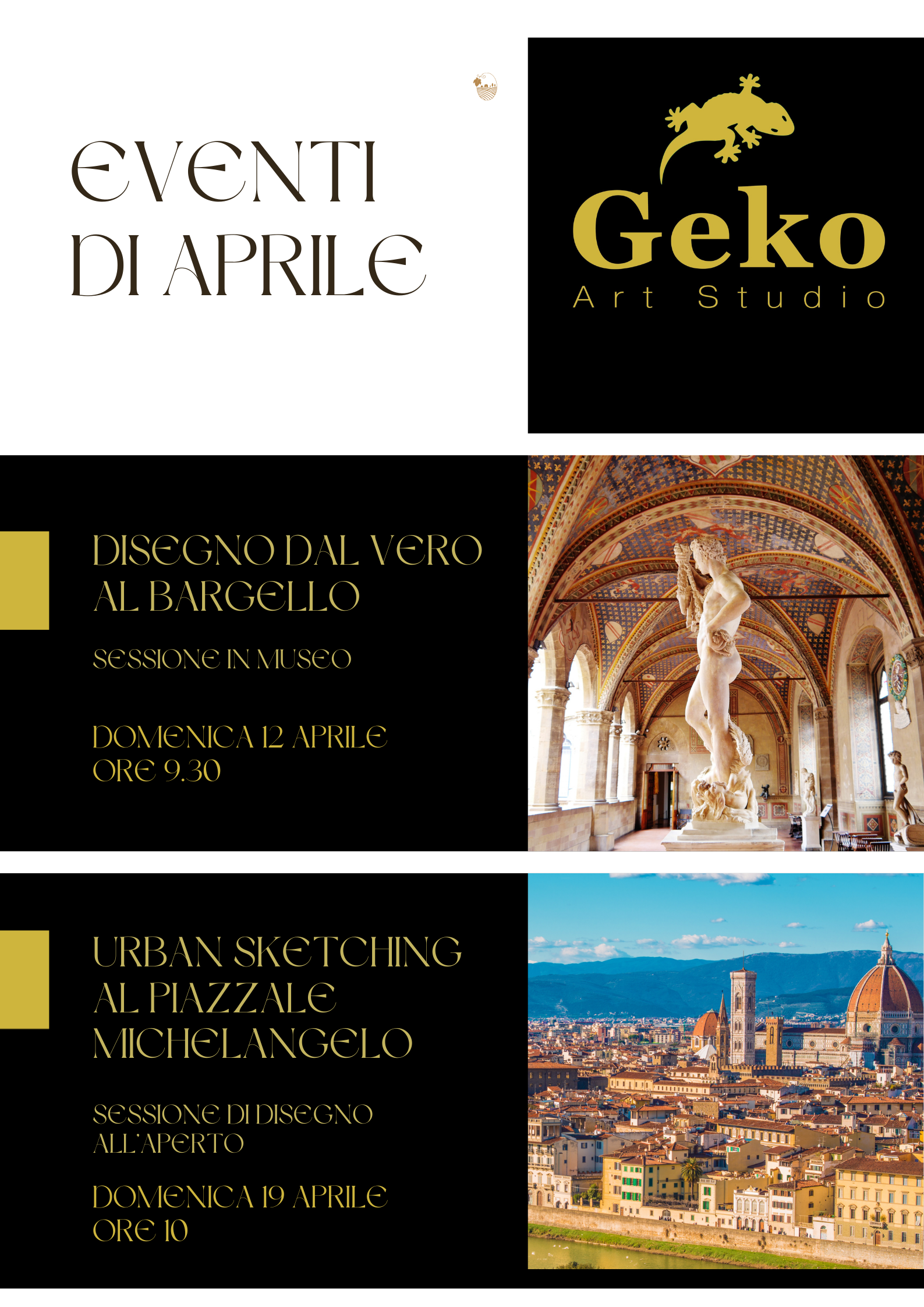 Pubblicità per la giornata delle porte aperte: Geko Art Studio. Date/orari esposti; artista che dipinge con il pennello, disegna una figura, scolpisce una testa.