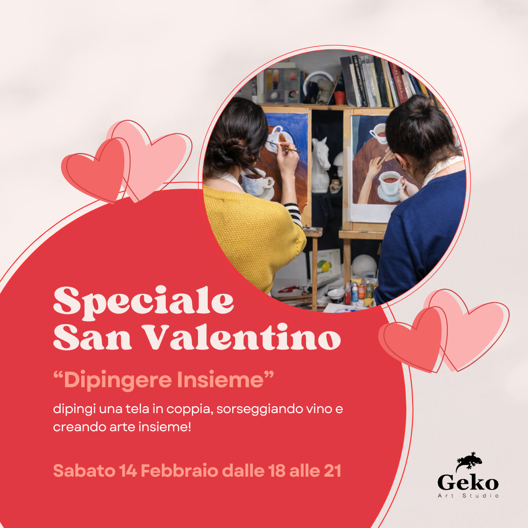 Pubblicità per la giornata delle porte aperte: Geko Art Studio. Date/orari esposti; artista che dipinge con il pennello, disegna una figura, scolpisce una testa.