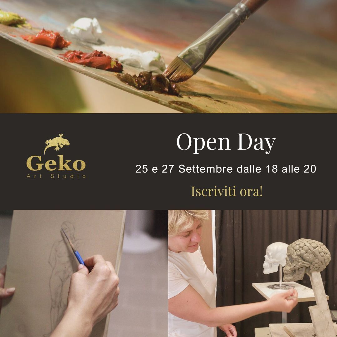 Pubblicità per la giornata delle porte aperte: Geko Art Studio. Date/orari esposti; artista che dipinge con il pennello, disegna una figura, scolpisce una testa.
