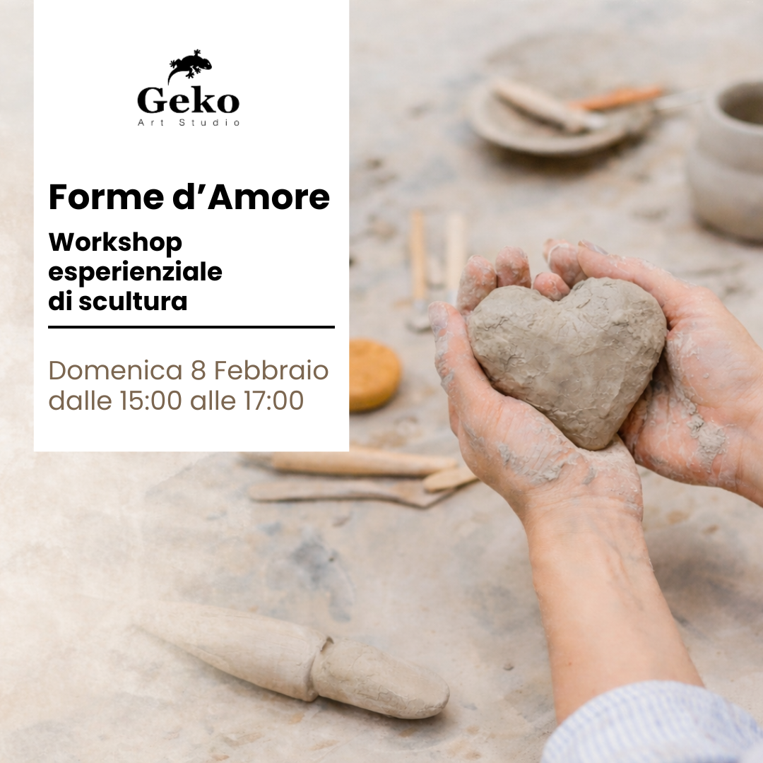 Pubblicità per la giornata delle porte aperte: Geko Art Studio. Date/orari esposti; artista che dipinge con il pennello, disegna una figura, scolpisce una testa.