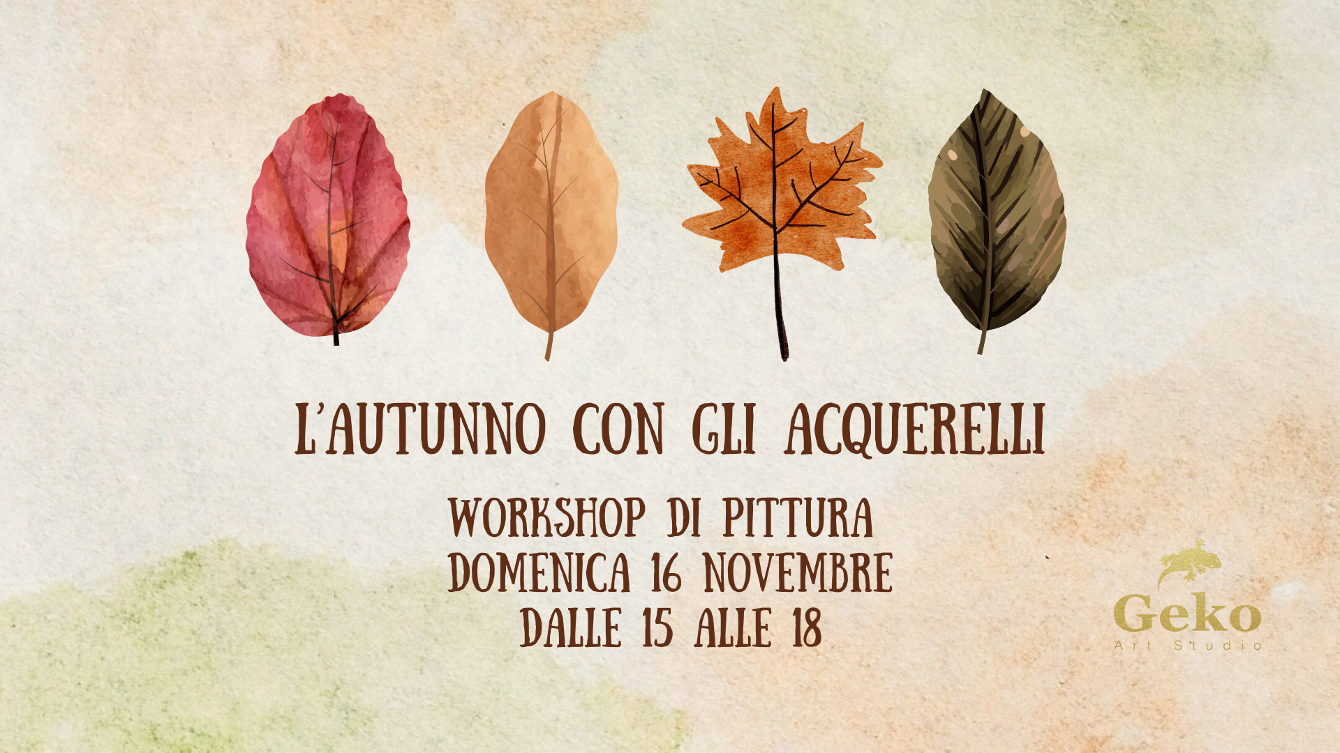 Pubblicità per la giornata delle porte aperte: Geko Art Studio. Date/orari esposti; artista che dipinge con il pennello, disegna una figura, scolpisce una testa.