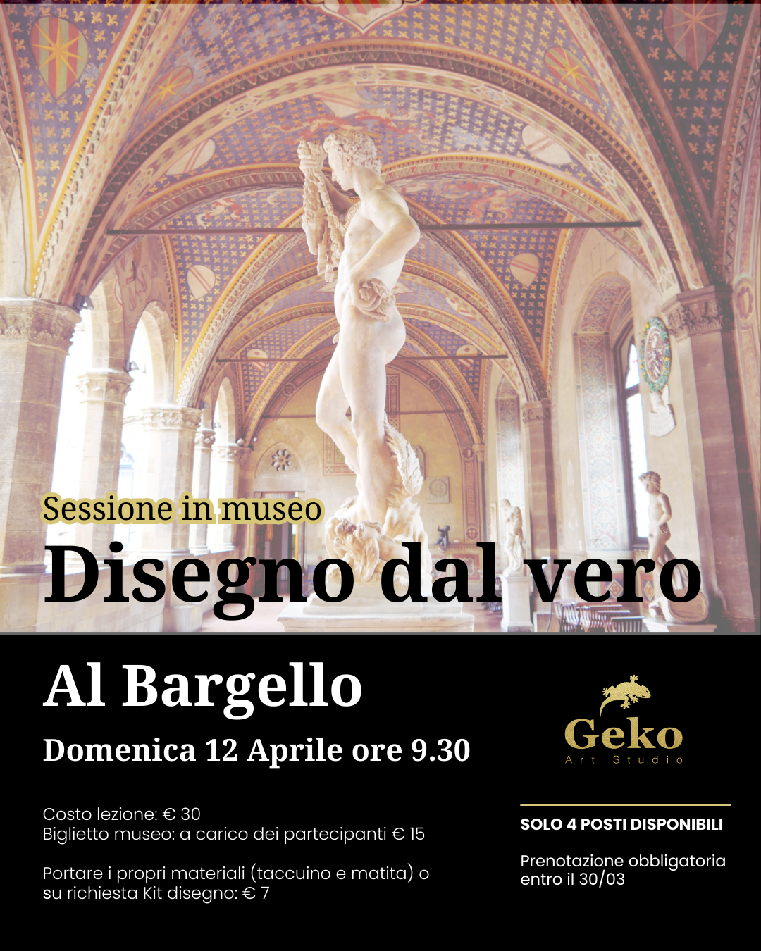 Pubblicità per la giornata delle porte aperte: Geko Art Studio. Date/orari esposti; artista che dipinge con il pennello, disegna una figura, scolpisce una testa.