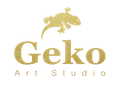 Logo dorato: sagoma di geco sopra 