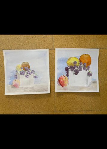 Due nature morte ad acquerello raffiguranti frutta su una scatola bianca: uva, limone, mela, arancia, su uno sfondo azzurro.