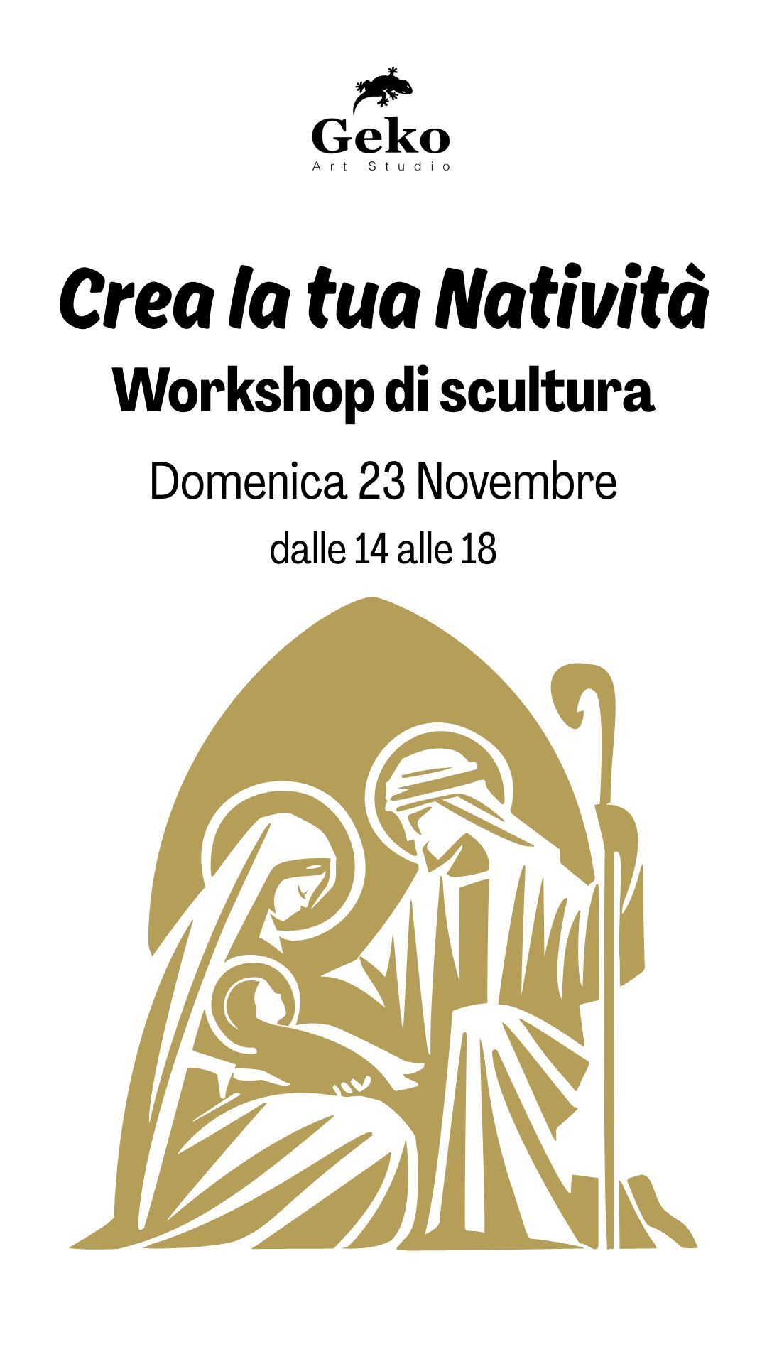 Pubblicità per la giornata delle porte aperte: Geko Art Studio. Date/orari esposti; artista che dipinge con il pennello, disegna una figura, scolpisce una testa.