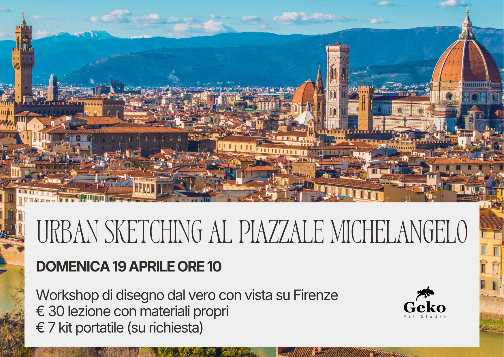 Pubblicità per la giornata delle porte aperte: Geko Art Studio. Date/orari esposti; artista che dipinge con il pennello, disegna una figura, scolpisce una testa.