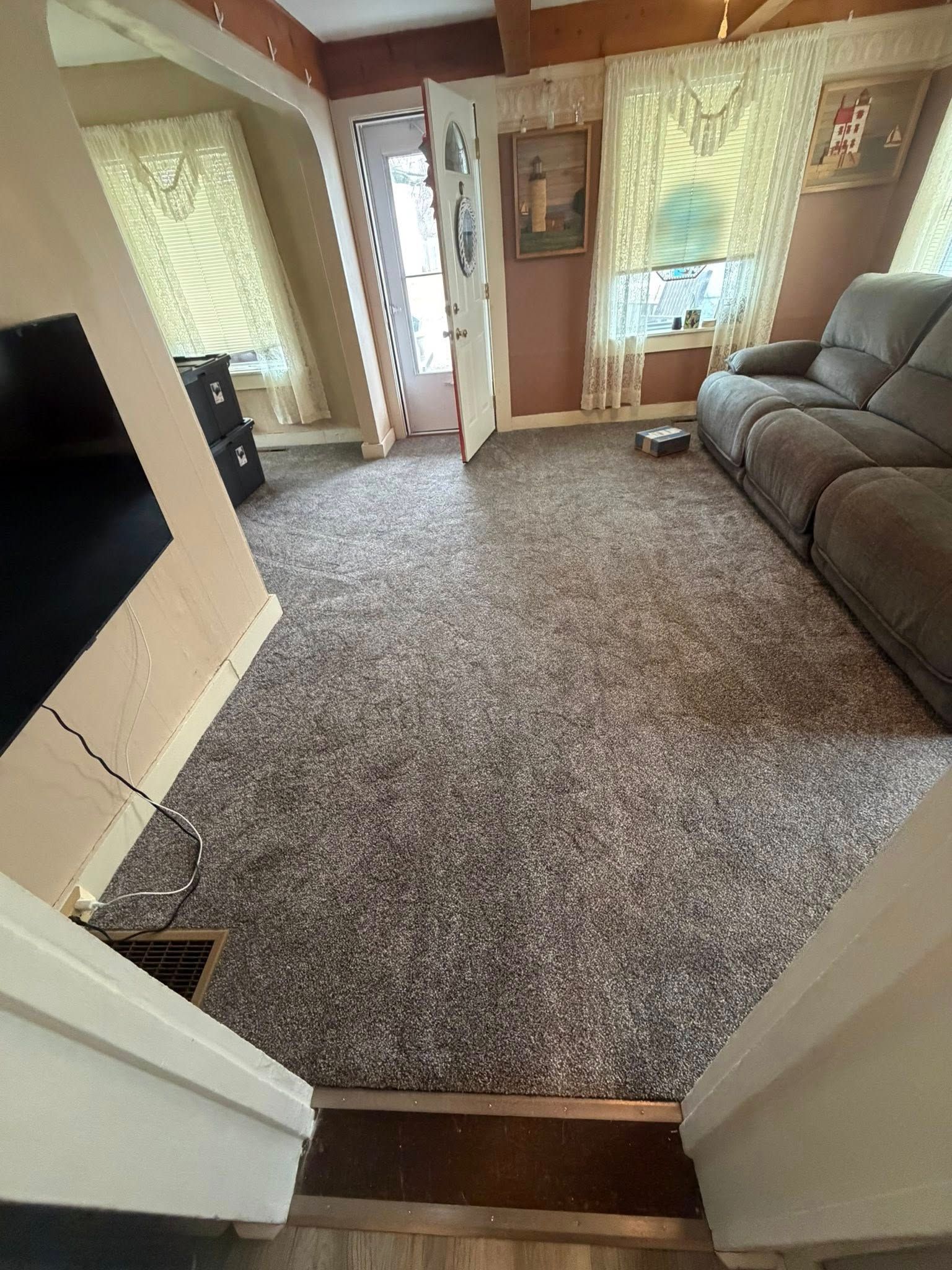 Cozy living room with gray sofa, patterned carpet, and sunlight through curtained windows