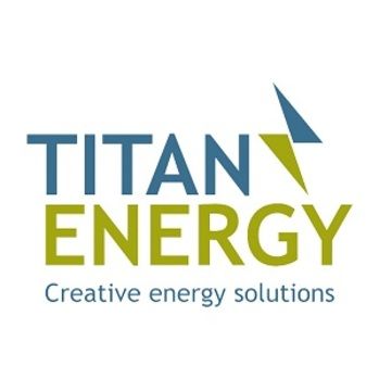 Logo of Titan Energy. Blue and green text. Slogan: Creative energy solutions.