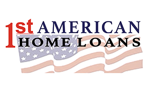 Logo for 1st American Home Loans, with text over an American flag graphic.