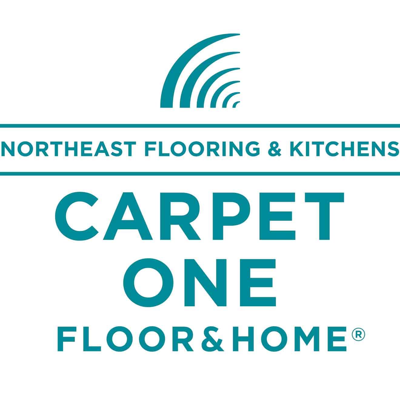 Logo for Northeast Flooring & Kitchens, part of Carpet One Floor & Home. Teal text and logo on white background.