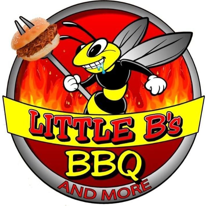 Little B's BBQ logo: bee holding pulled pork sandwich over fire. Red, yellow, and black colors are used.
