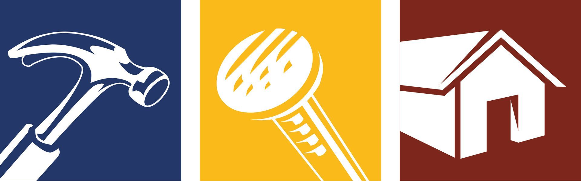 Icons of a hammer, nail, and house on colored backgrounds.