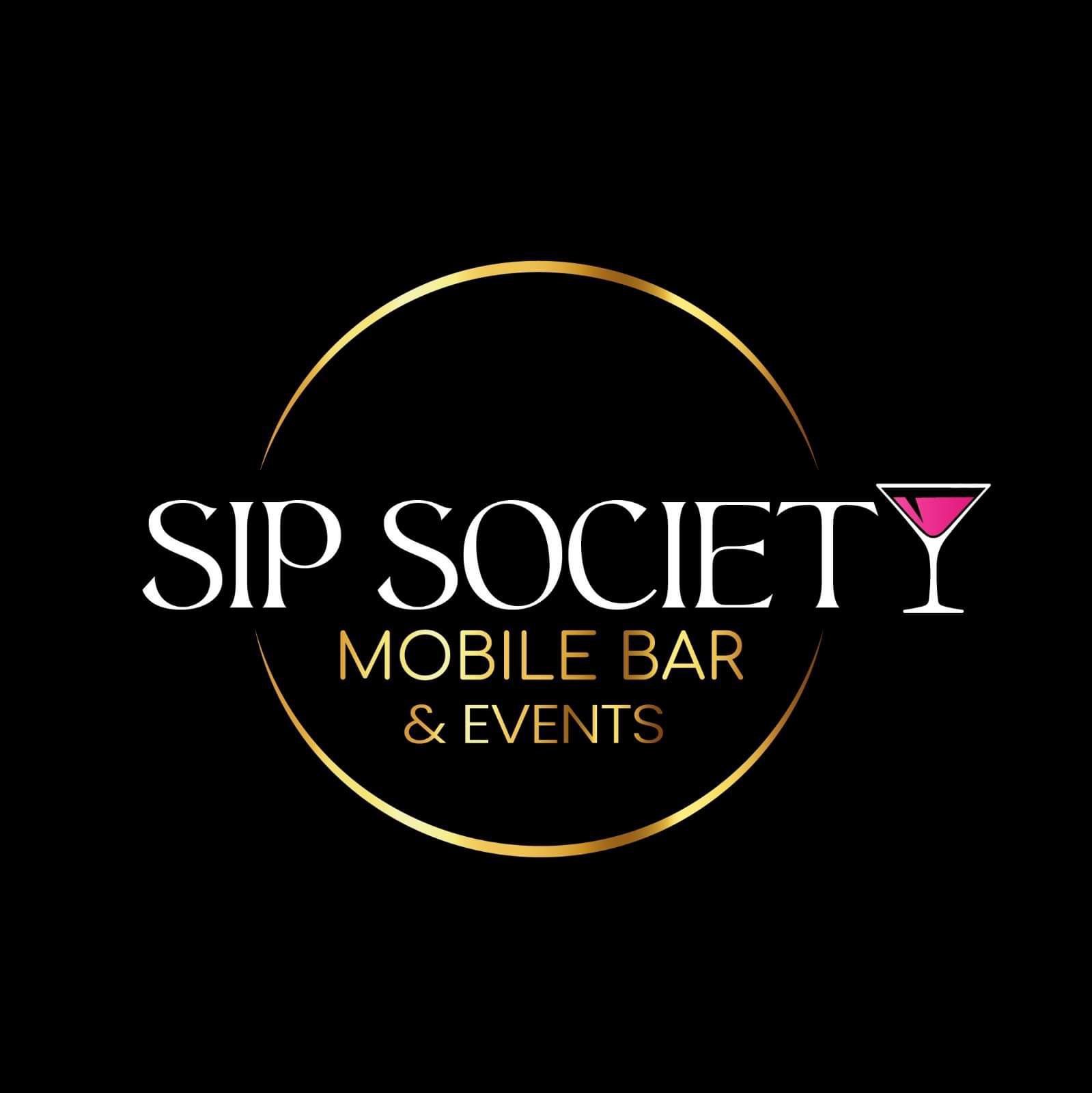 Logo for Sip Society Mobile Bar & Events; text in white with gold circle on black background and pink cocktail glass icon.