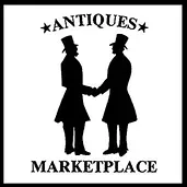 Black and white logo: Two men in top hats shake hands; 