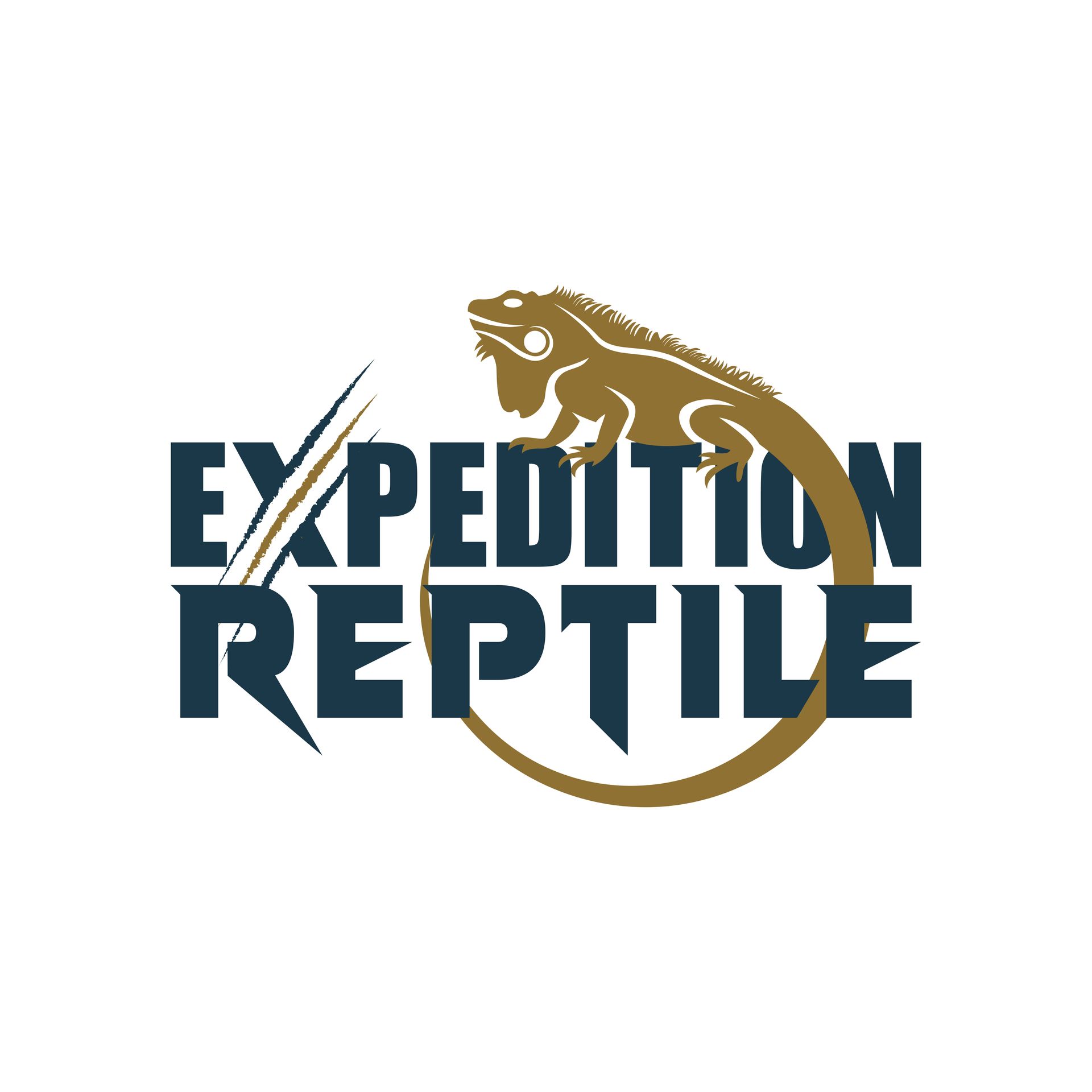 Logo: gold iguana over a dark blue