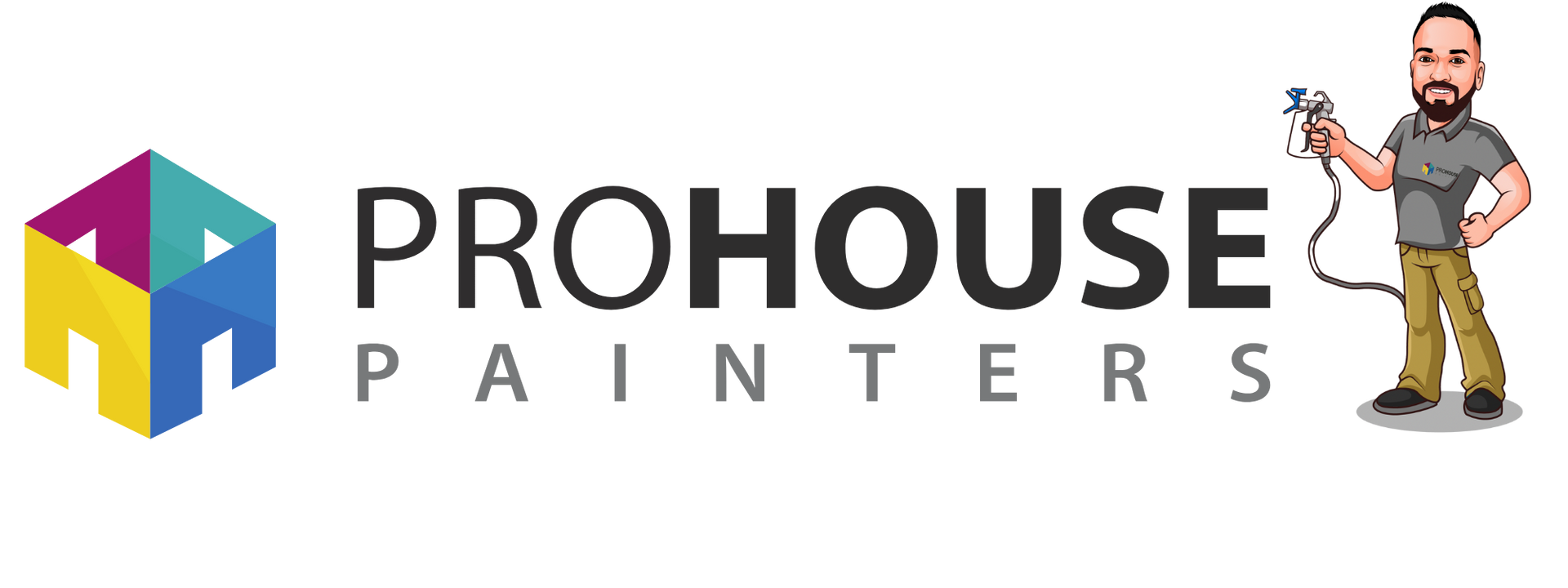 Logo for Prohouse Painters: a house icon with colorful panels, text, and a cartoon painter.