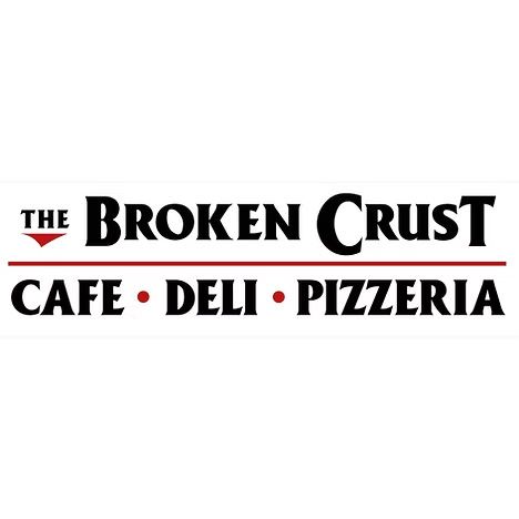 Logo for The Broken Crust: Text in black, red accents, stating