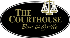 The Courthouse Bar & Grille logo: black oval with gold text and scales of justice icon.