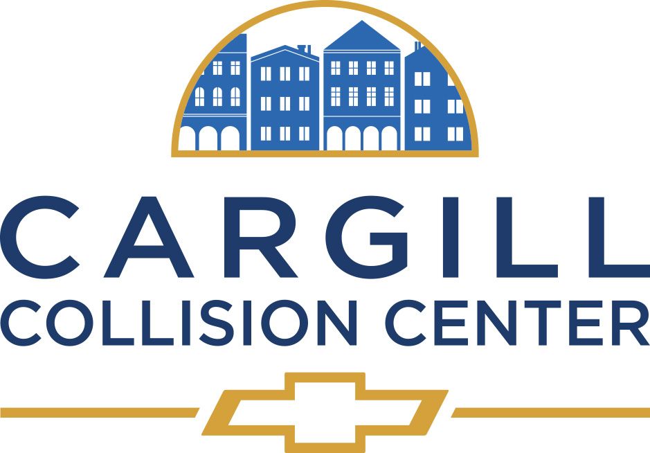 Cargill Collision Center logo with buildings, a Chevrolet emblem, and blue and gold text.