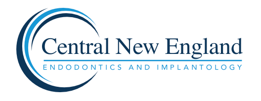 Logo for Central New England Endodontics and Implantology, featuring a blue and teal arc design with text.