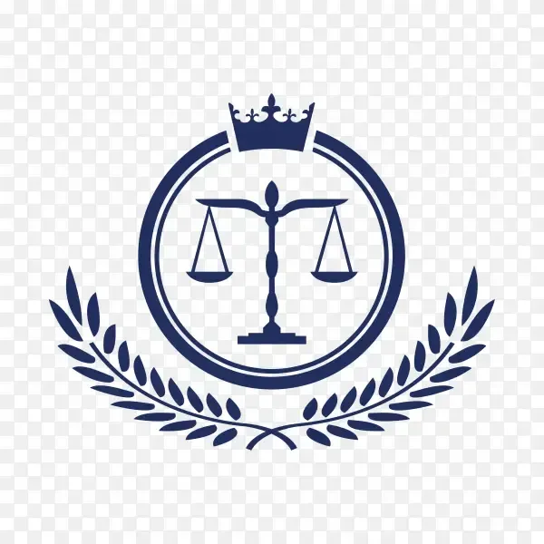 Blue law symbol with scales, crown, and laurel wreath.