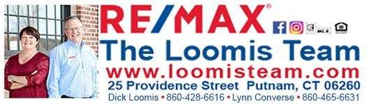 RE/MAX real estate ad with two people, contact info, website, and address in Putnam, CT.