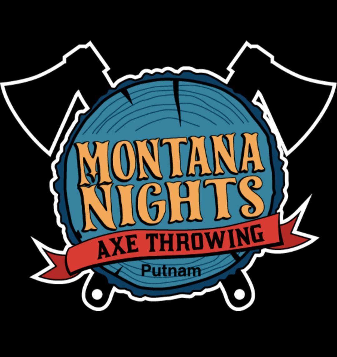 Logo for Montana Nights Axe Throwing, a wood slice with axes, and a red banner.