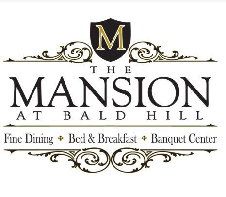 Logo for The Mansion at Bald Hill: ornate design with text and crest; offers fine dining, bed & breakfast, banquet center.