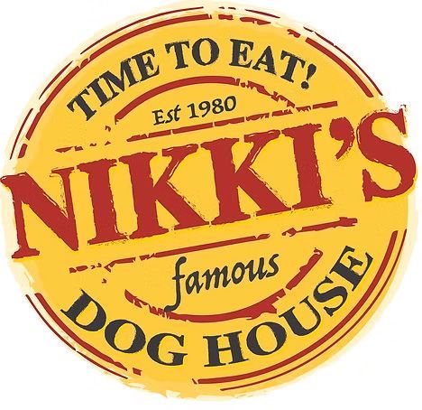 Nikki's Dog House logo: yellow circle with red text. Says