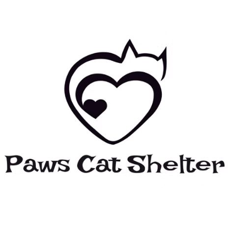 Logo for Paws Cat Shelter: black cat outline inside a heart. The text 
