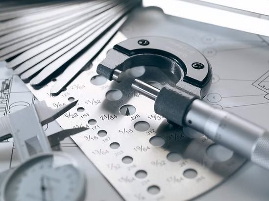 Micrometer, calipers, and feeler gauges on engineering plans.