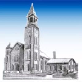 Church with a tall steeple, sketched in gray, against a blue sky.