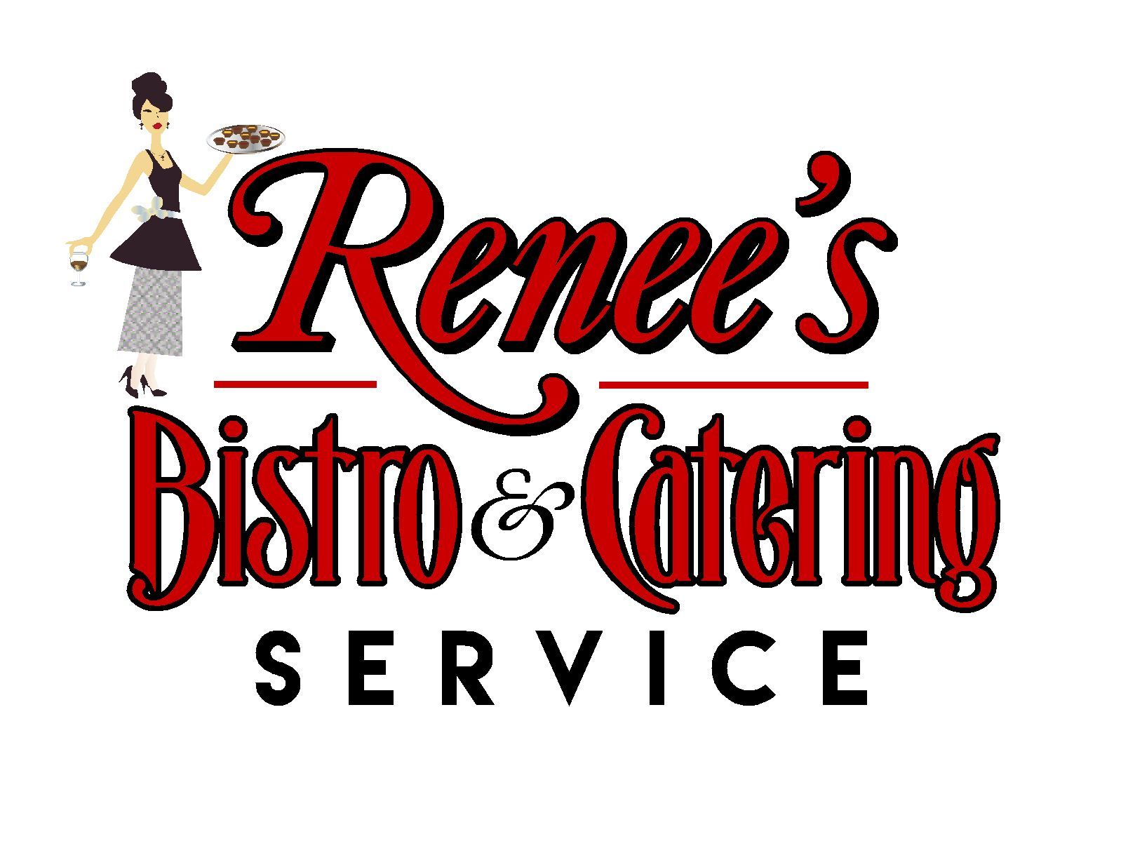Logo for Renee's Working Girl Catering Service. Woman in black dress holds a tray of food. Red sign with address 157.