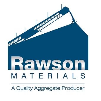 Rawson Materials logo: blue silo being filled, angled conveyor, silver text,