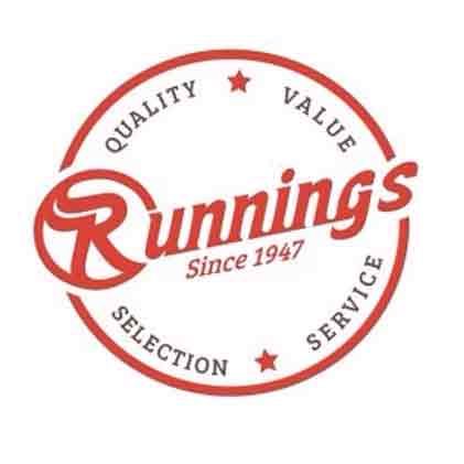 Running's logo: red circular stamp with
