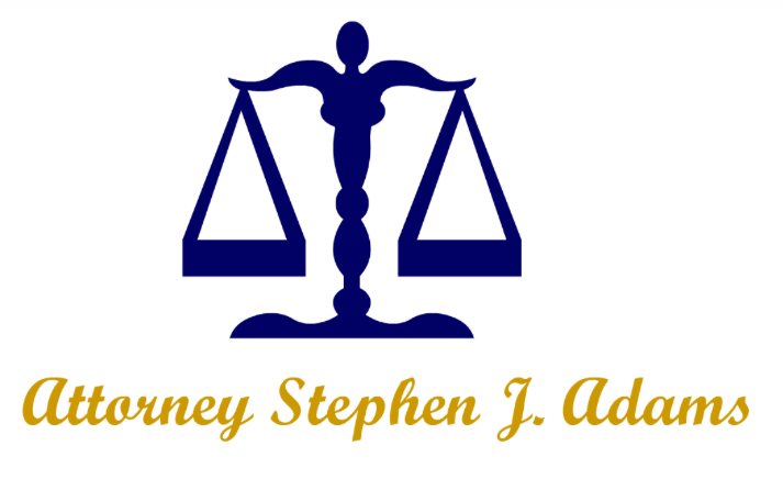 Scales of justice emblem, Attorney Stephen J. Adams name. Gold text, blue scales on white background.