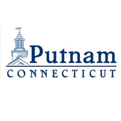 Putnam, Connecticut town logo: Blue text with a steeple illustration.