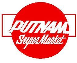 Logo for Putnam Super Market: White text on red circle, red rectangles on sides.