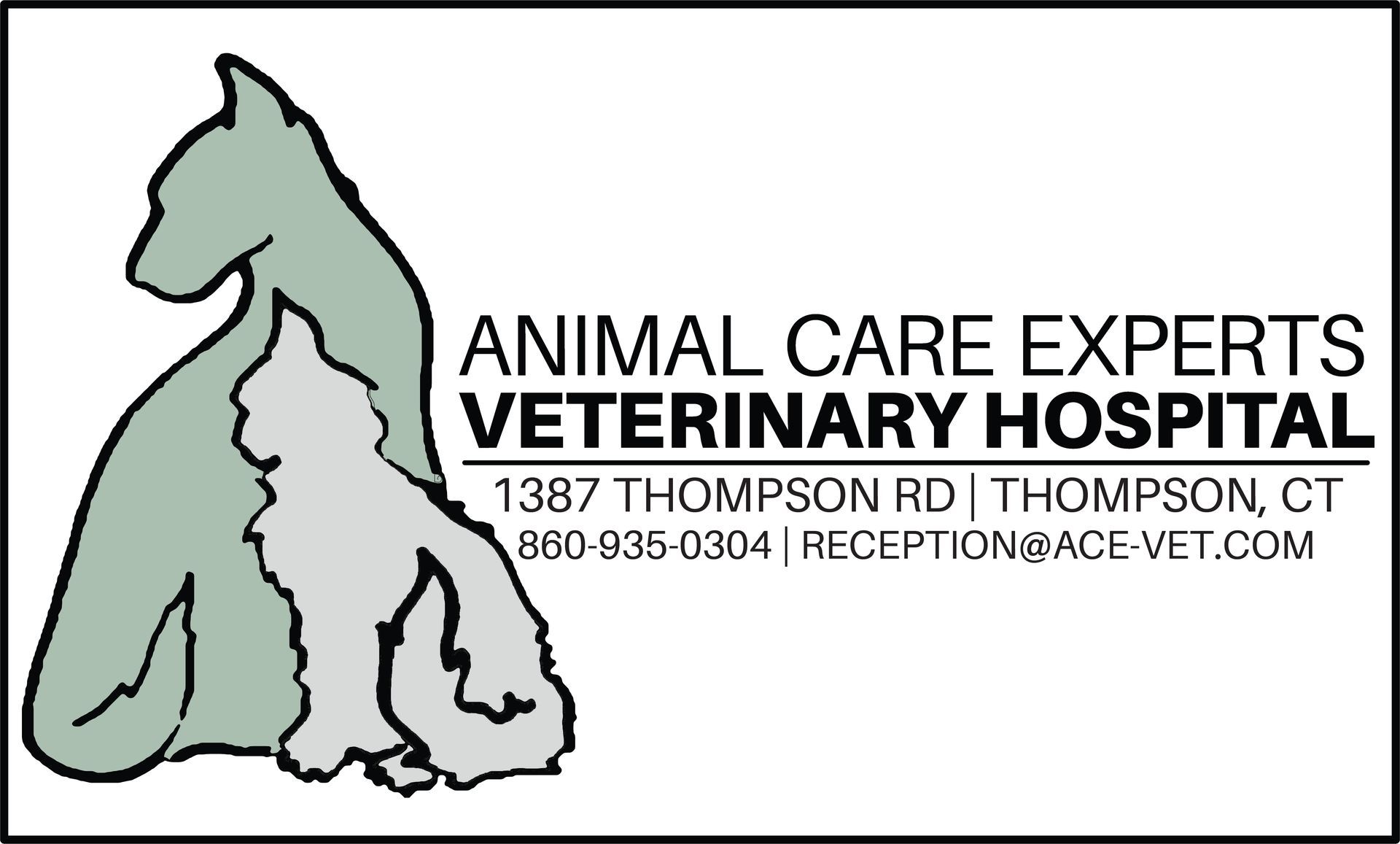 Logo of Animal Care Experts Veterinary Hospital: silhouette of a cat and dog, green and gray, with address, phone, and website.
