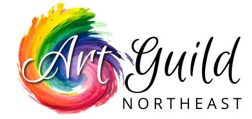 Logo of the Art Guild Northeast; colorful paint swirl with white 