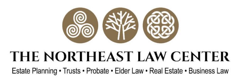 Logo for The Northeast Law Center with three circular symbols and text listing legal services.
