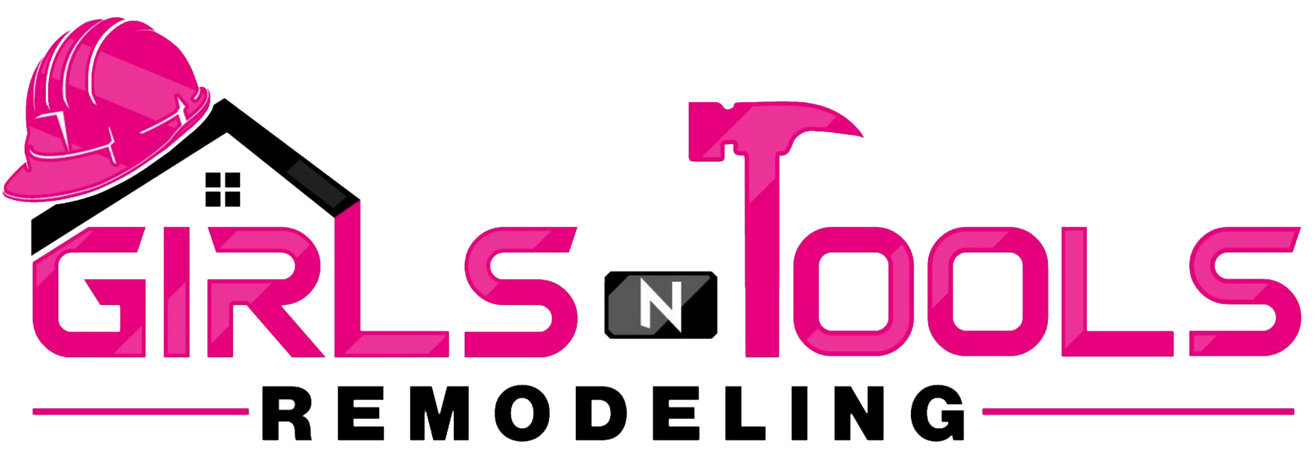 Logo for Girls n Tools Remodeling featuring a pink hard hat, house, and hammer with the company name.