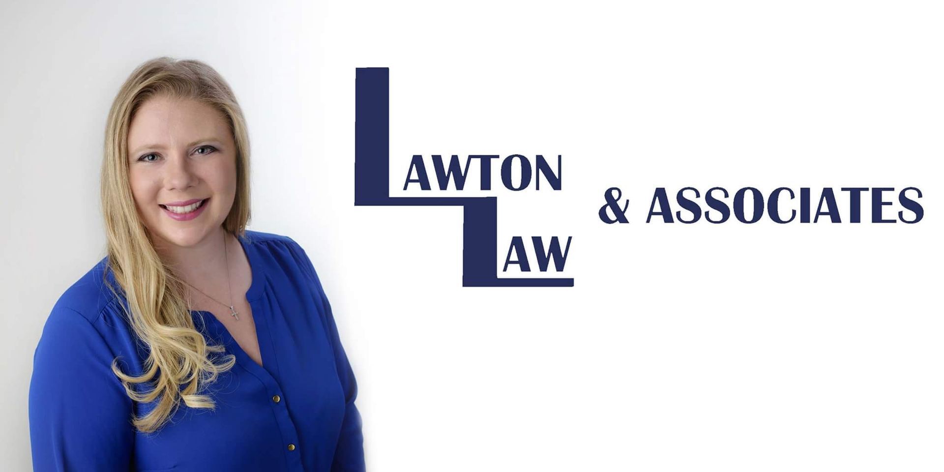 Woman smiling in a blue shirt with Lawton Law & Associates logo.