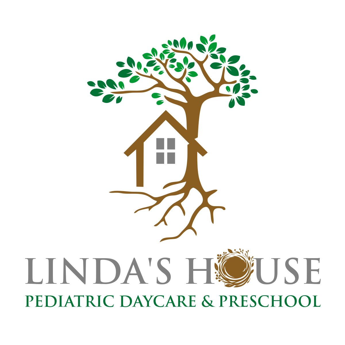 Logo of Linda's House Pediatric Daycare & Preschool: a tree with a house, brown and green.
