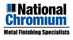 Logo: National Chromium, metal finishing specialists; blue and black text, blue square.