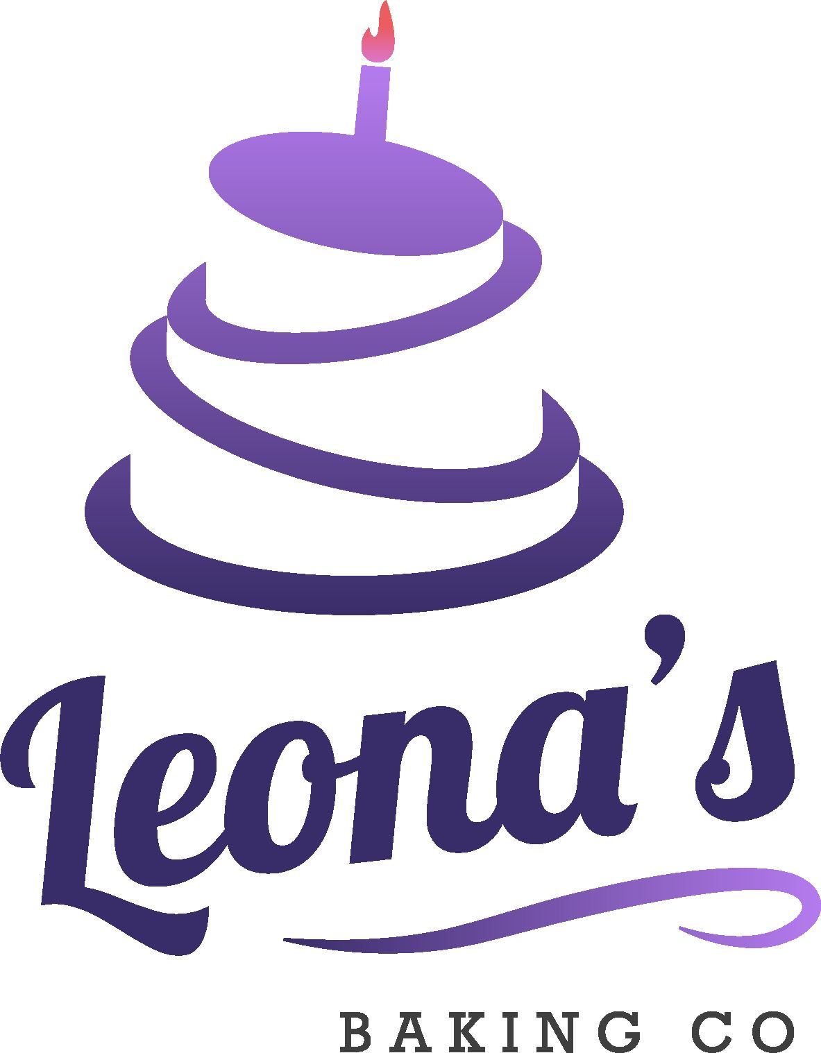 Leona's Baking Co. logo: Purple tiered cake with candle, cursive text.